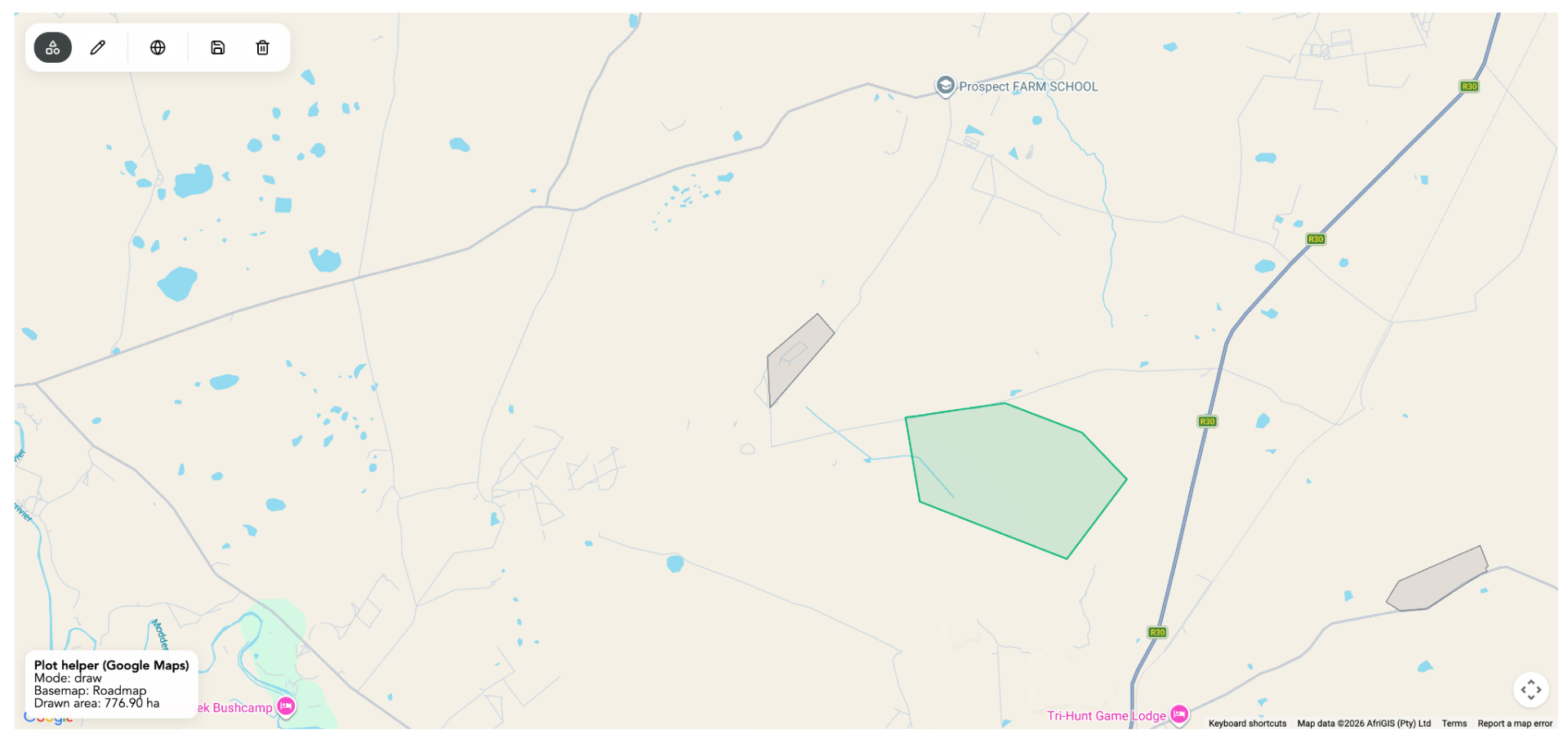 Map-based plot helper showing a selected parcel boundary.